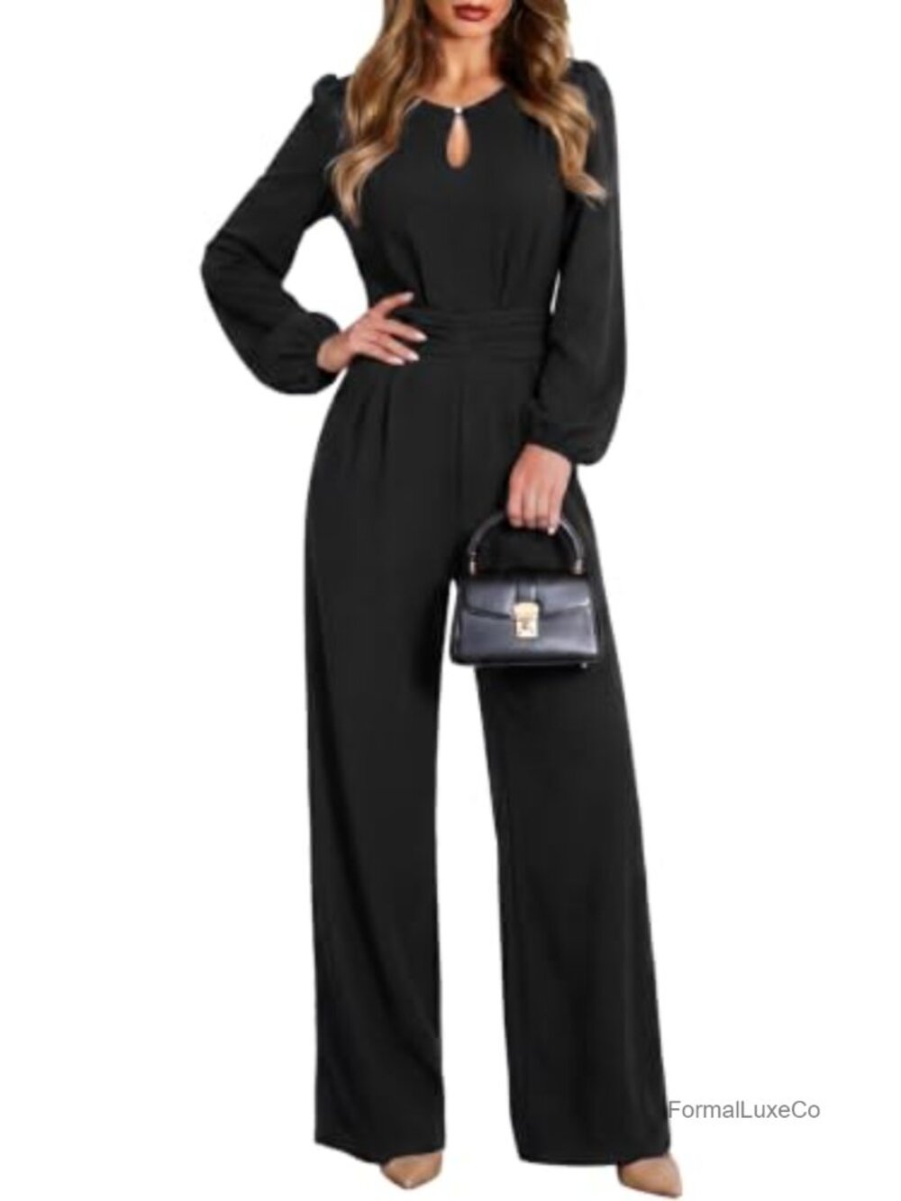 Women's Elegant Long Sleeve Wide Leg Keyhole Jumpsuit with Pockets